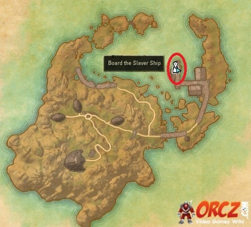 Map showing how to board the slaver ship in the Firemoth Island Docks